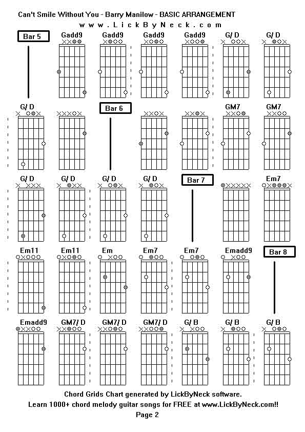 Chord Grids Chart of chord melody fingerstyle guitar song-Can't Smile Without You - Barry Manilow - BASIC ARRANGEMENT,generated by LickByNeck software.
